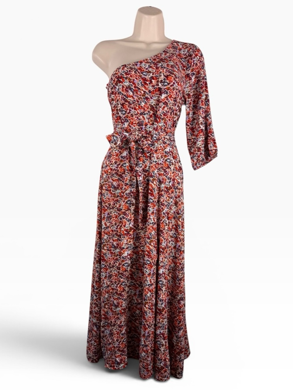 American Eagle Floral One Shoulder Midi Dress Tie Waist Boho Size Small - Picture 2 of 7